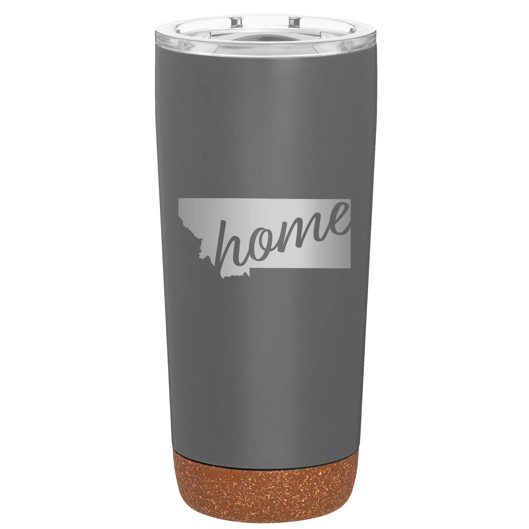 Laser etched storm gray 20 oz vacuum insulated tumbler with 'Montana Home' design