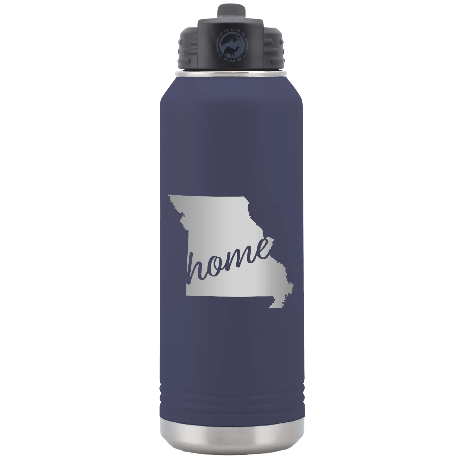 Laser etched navy 32 oz vacuum insulated water bottle with 'Missouri Home' design