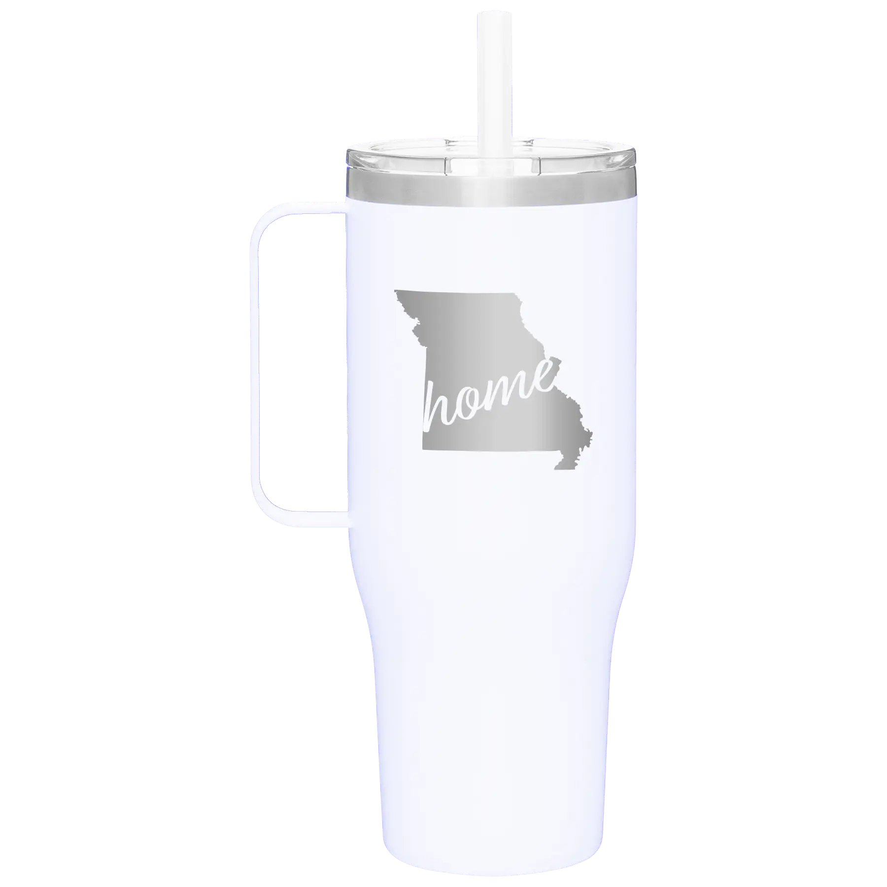 Laser etched white 40 oz vacuum insulated tumbler mug with 'Missouri Home' design