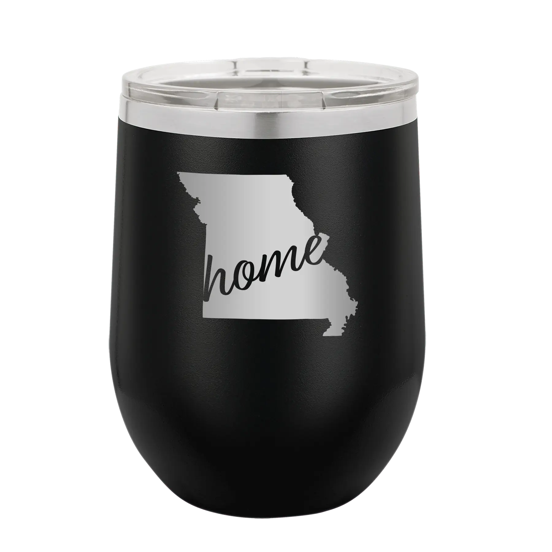 Laser etched black 12 oz vacuum insulated wine cup with 'Missouri Home' design