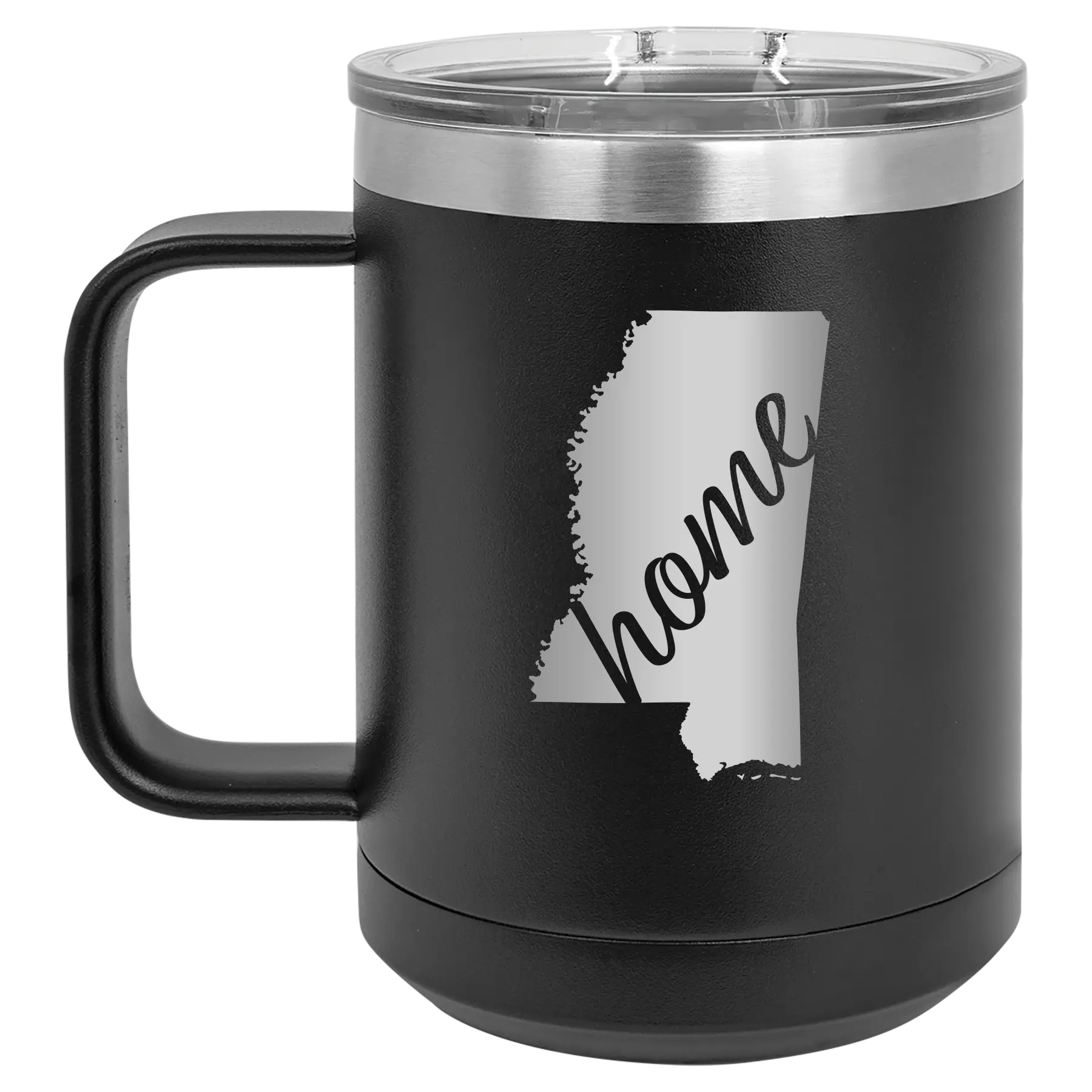 Laser etched black 15 oz vacuum insulated coffee mug with 'Mississippi Home' design