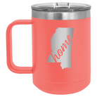 Laser etched coral 15 oz vacuum insulated coffee mug with 'Mississippi Home' design
