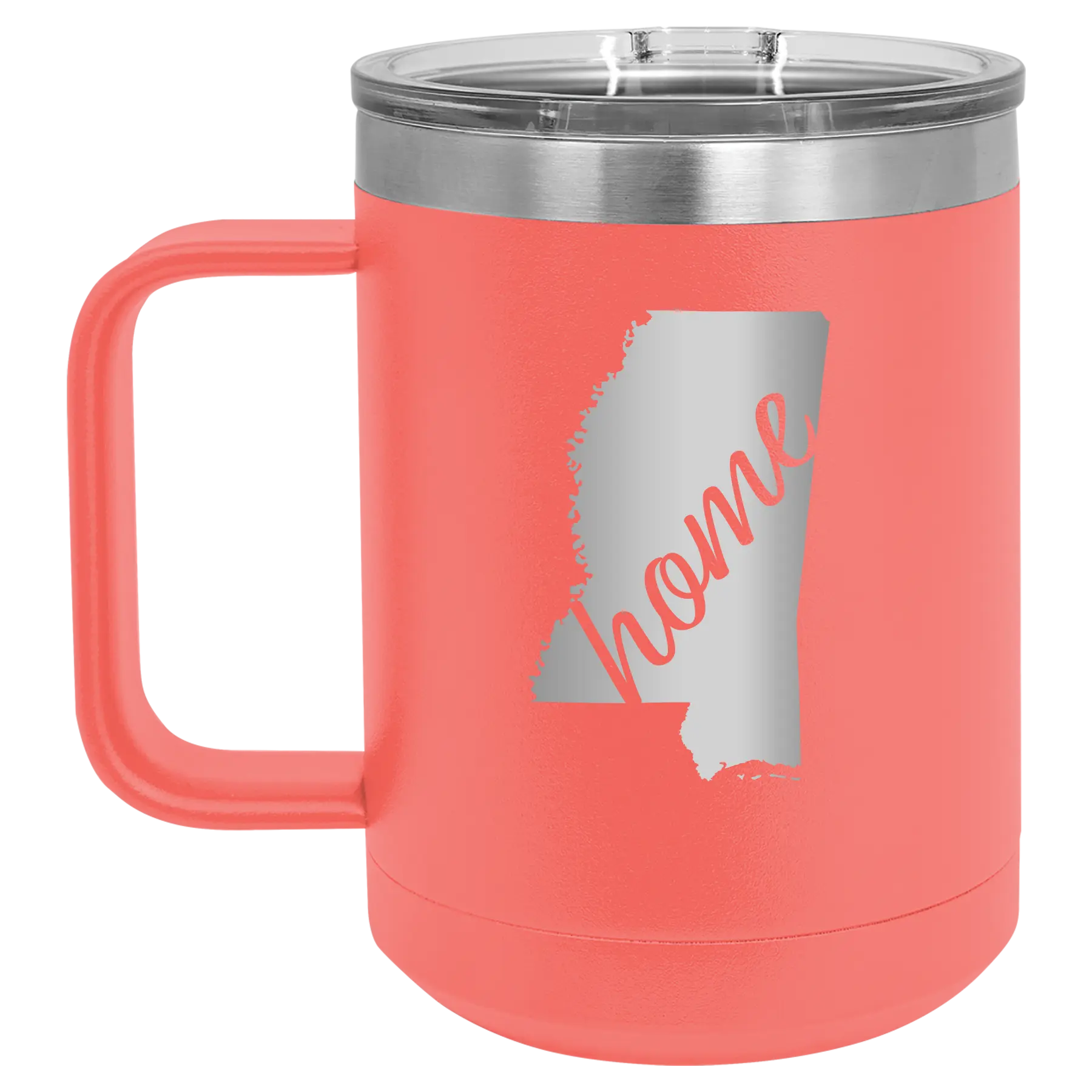 Laser etched coral 15 oz vacuum insulated coffee mug with 'Mississippi Home' design