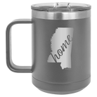 Laser etched dark gray 15 oz vacuum insulated coffee mug with 'Mississippi Home' design