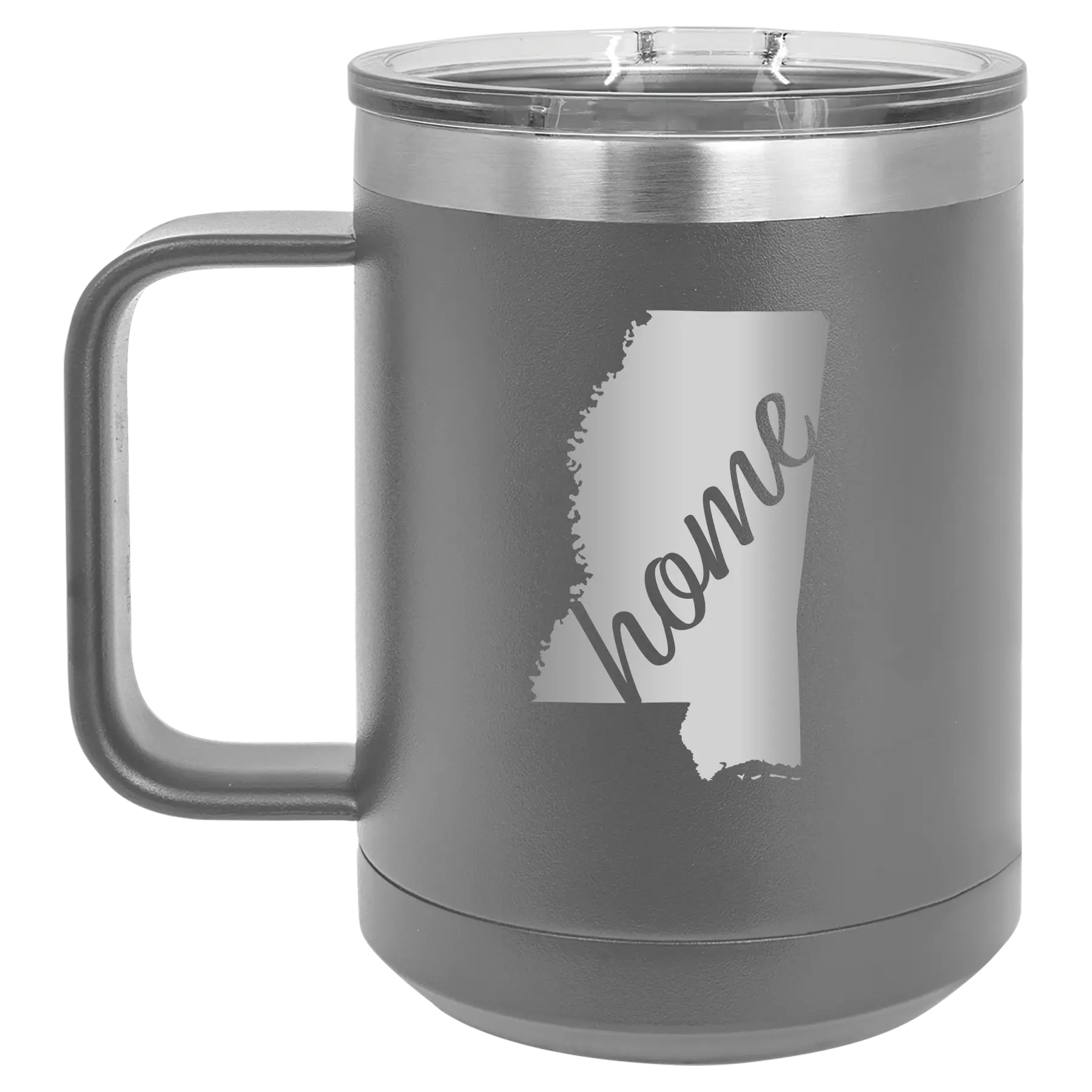 Laser etched dark gray 15 oz vacuum insulated coffee mug with 'Mississippi Home' design
