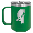 Laser etched green 15 oz vacuum insulated coffee mug with 'Mississippi Home' design