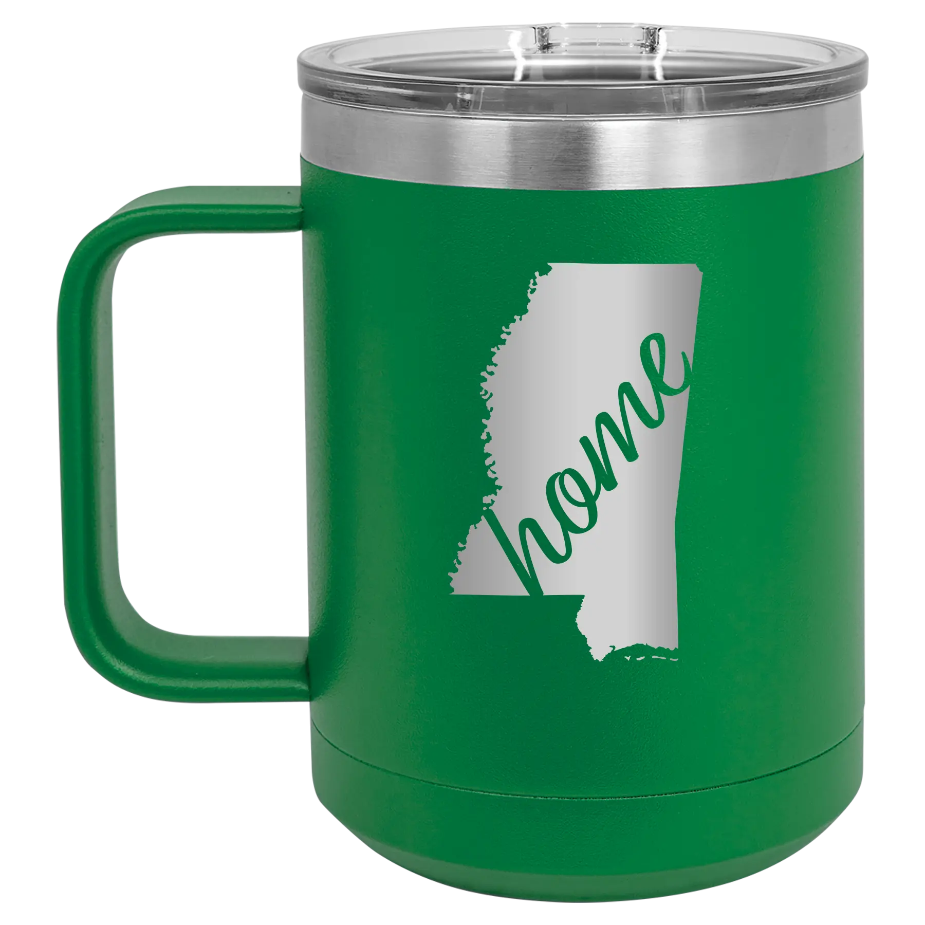 Laser etched green 15 oz vacuum insulated coffee mug with 'Mississippi Home' design