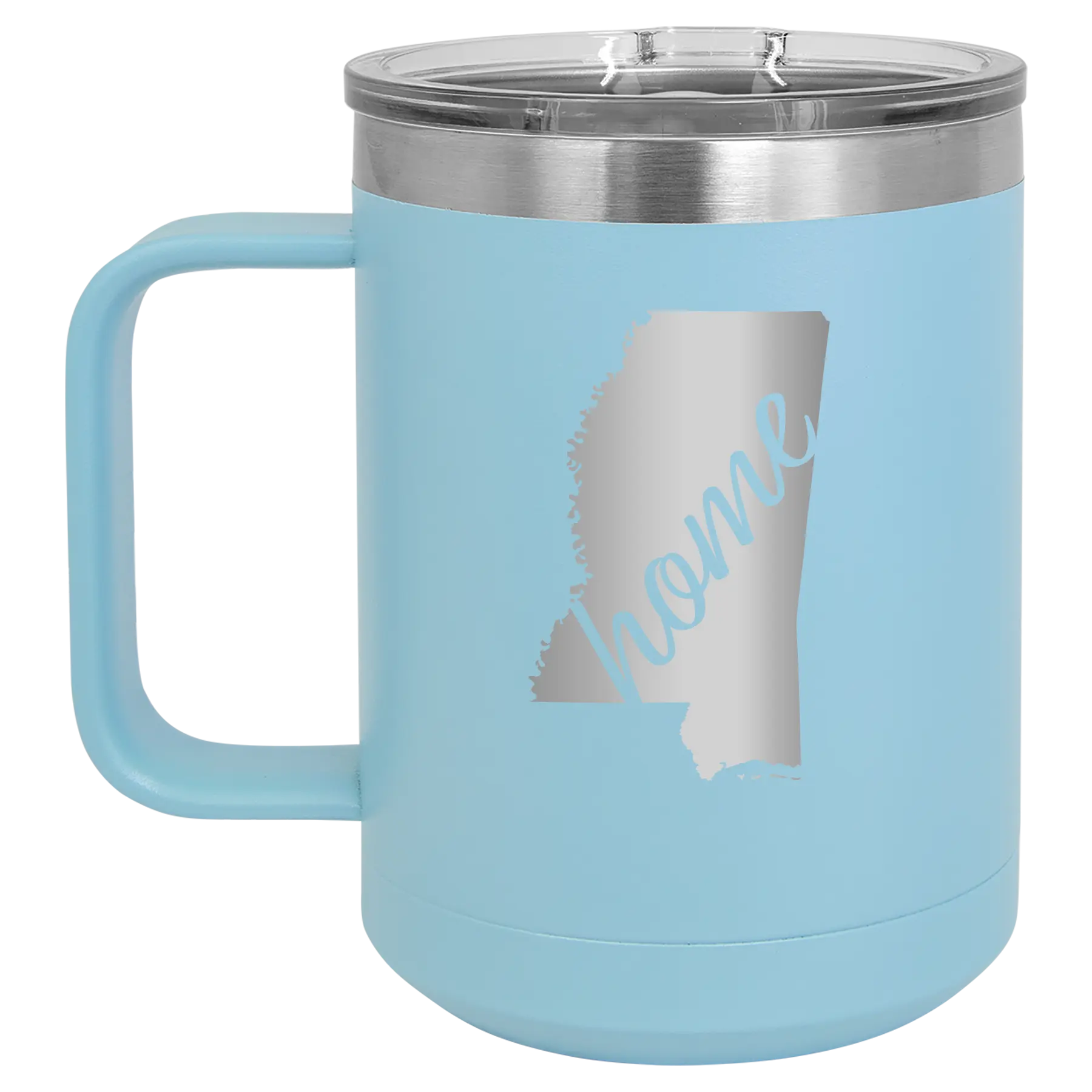 Laser etched light blue 15 oz vacuum insulated coffee mug with 'Mississippi Home' design