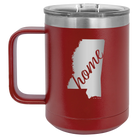 Laser etched maroon 15 oz vacuum insulated coffee mug with 'Mississippi Home' design