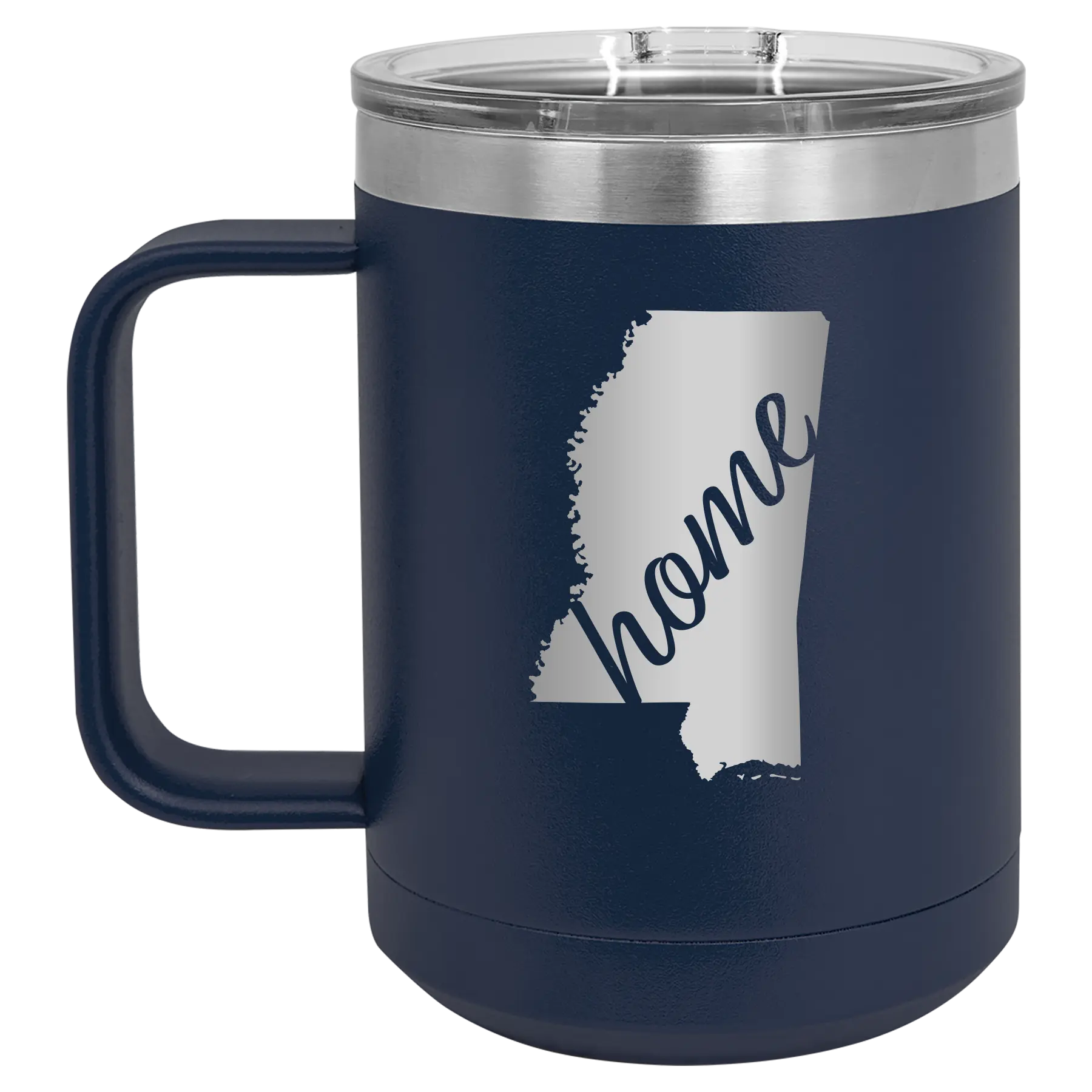 Laser etched navy 15 oz vacuum insulated coffee mug with 'Mississippi Home' design