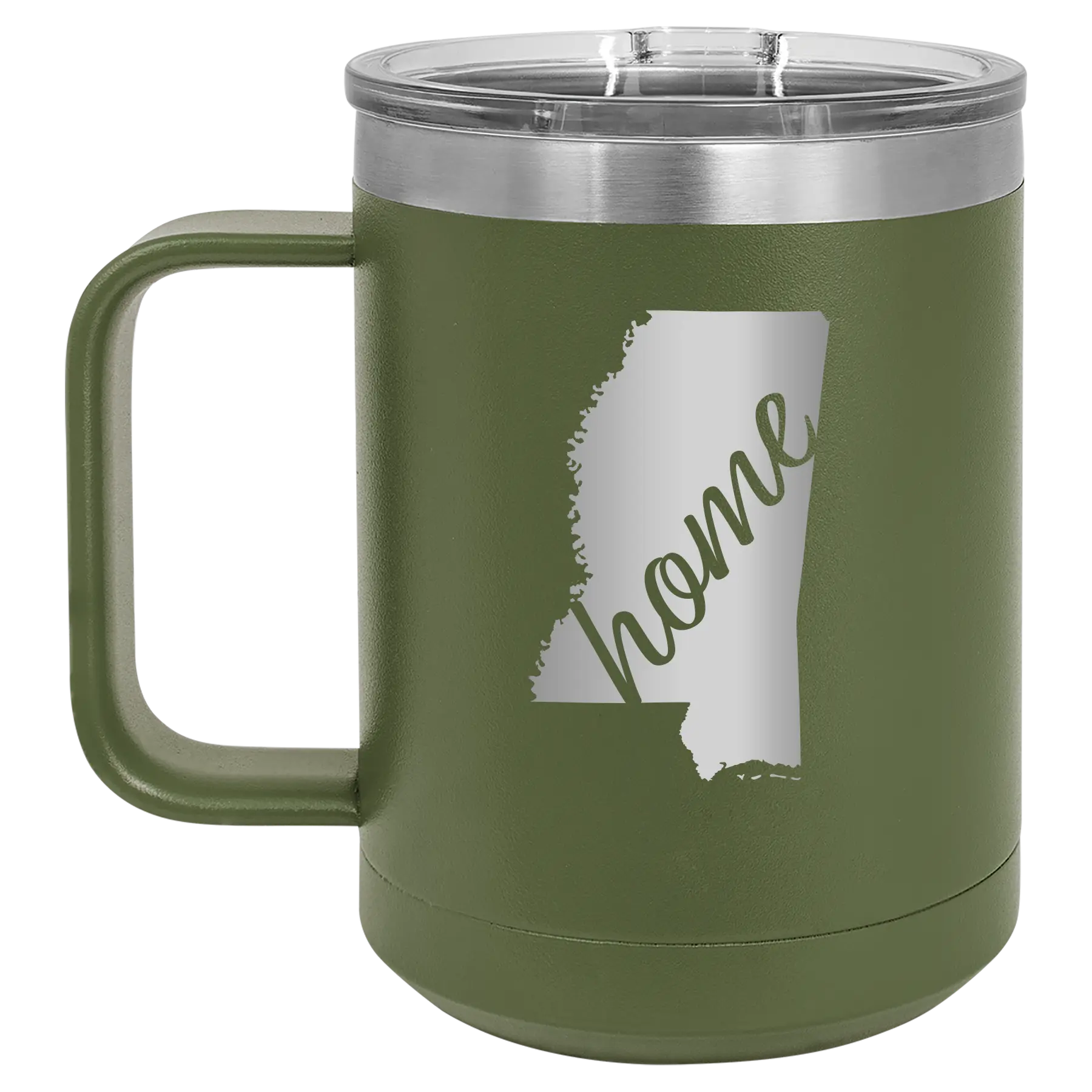 Laser etched olive green 15 oz vacuum insulated coffee mug with 'Mississippi Home' design