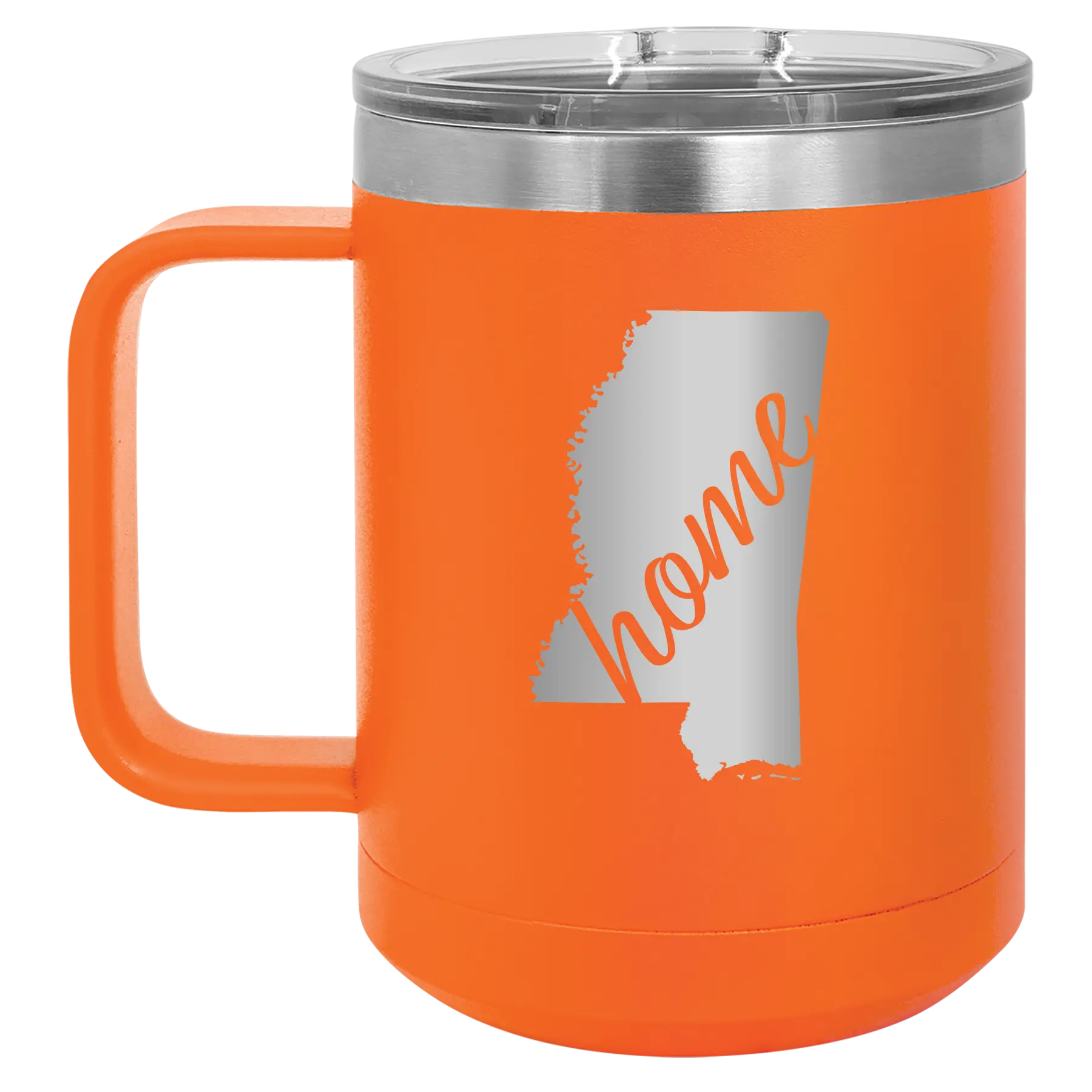 Laser etched orange 15 oz vacuum insulated coffee mug with 'Mississippi Home' design