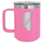Laser etched pink 15 oz vacuum insulated coffee mug with 'Mississippi Home' design