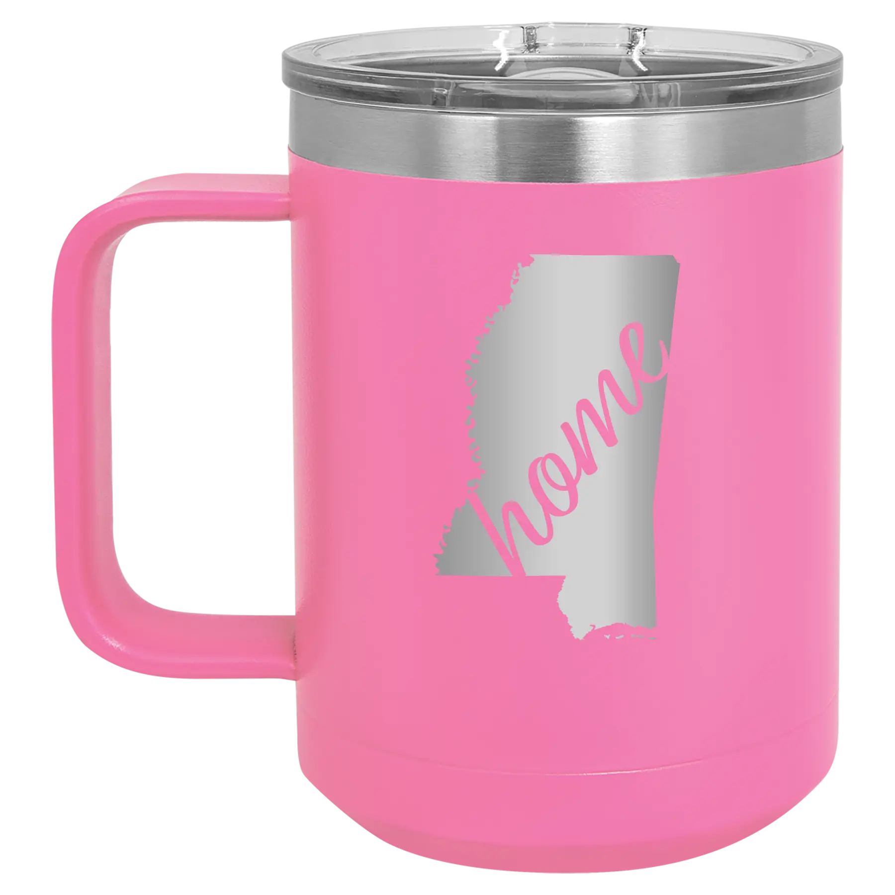 Laser etched pink 15 oz vacuum insulated coffee mug with 'Mississippi Home' design
