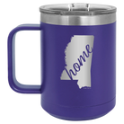 Laser etched purple 15 oz vacuum insulated coffee mug with 'Mississippi Home' design