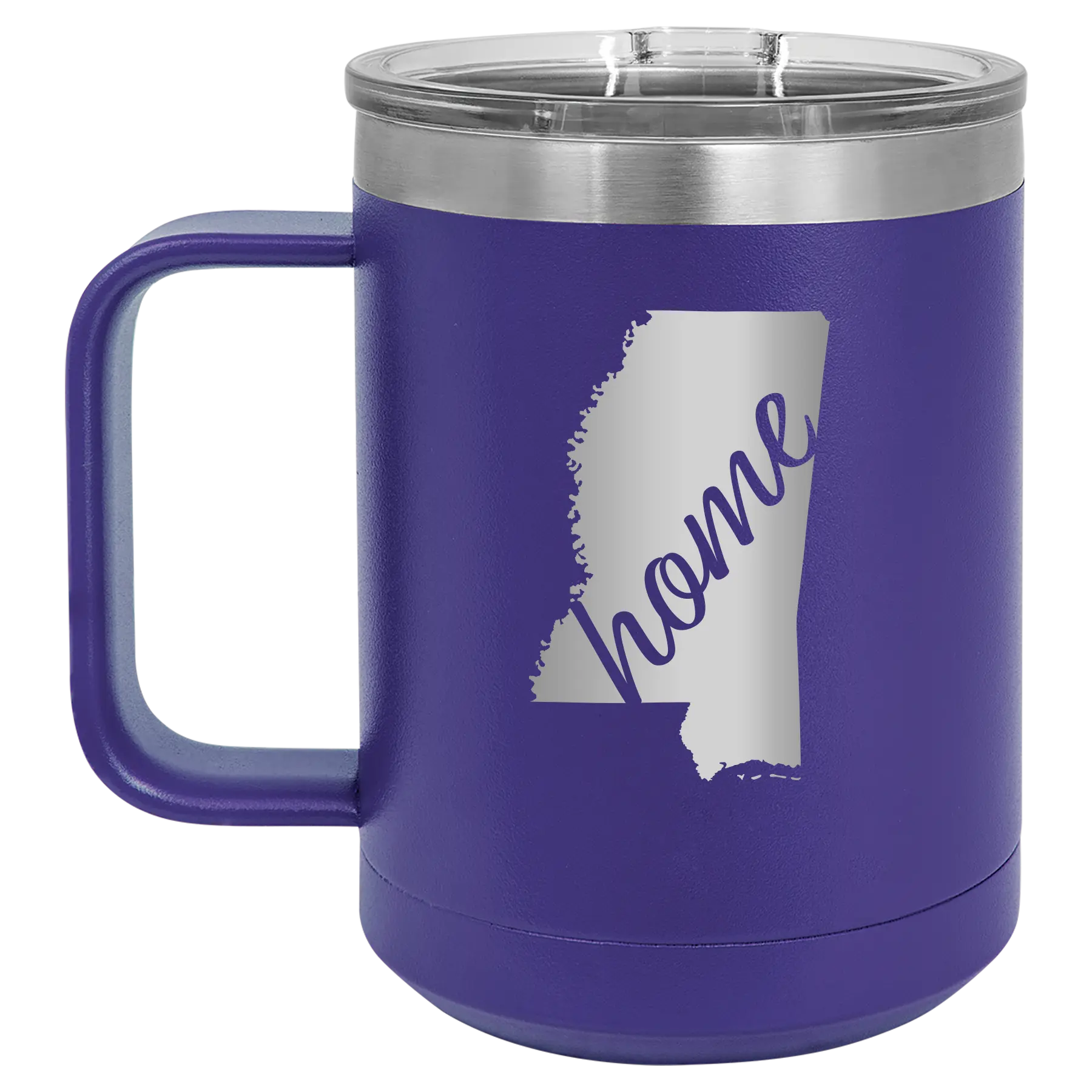 Laser etched purple 15 oz vacuum insulated coffee mug with 'Mississippi Home' design