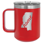 Laser etched red 15 oz vacuum insulated coffee mug with 'Mississippi Home' design
