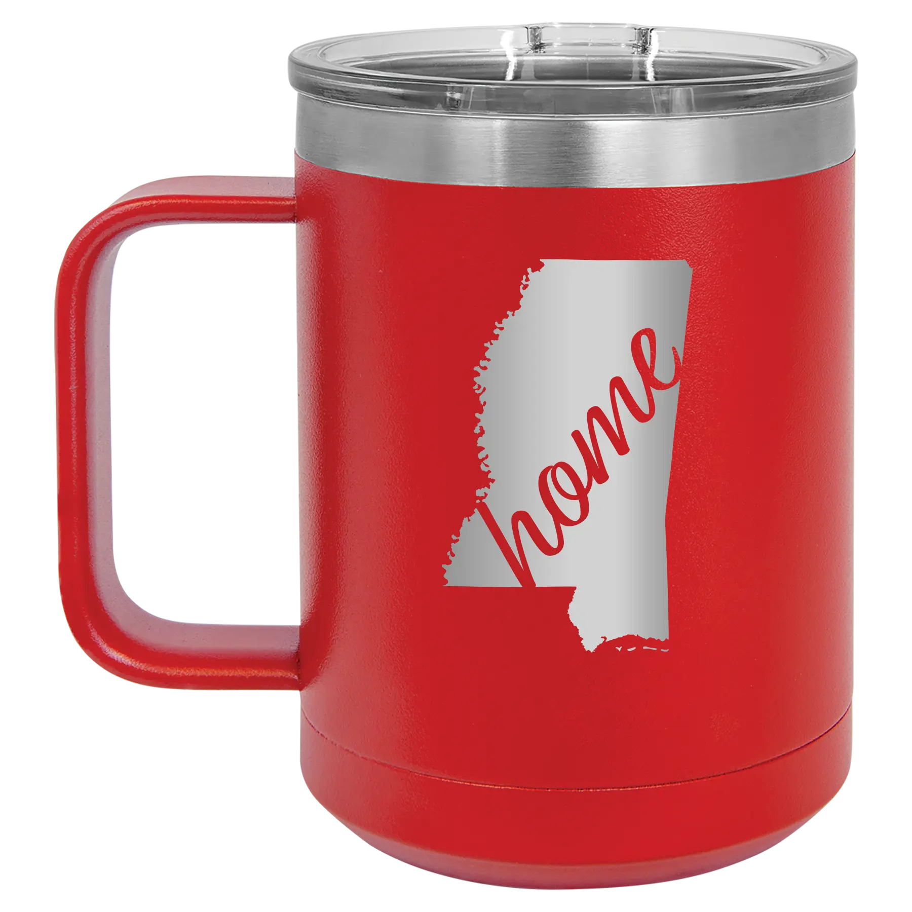 Laser etched red 15 oz vacuum insulated coffee mug with 'Mississippi Home' design
