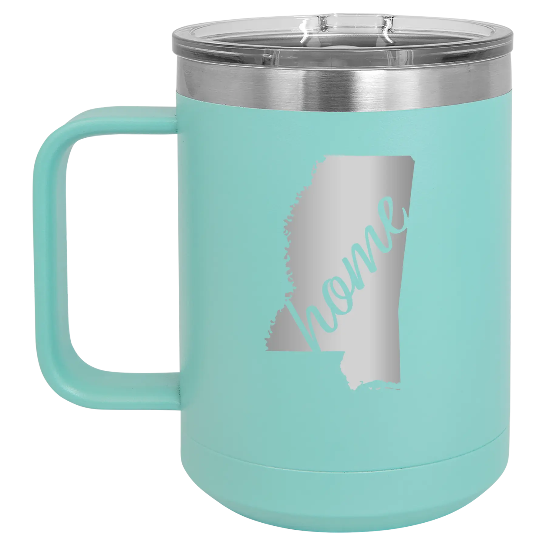 Laser etched teal 15 oz vacuum insulated coffee mug with 'Mississippi Home' design