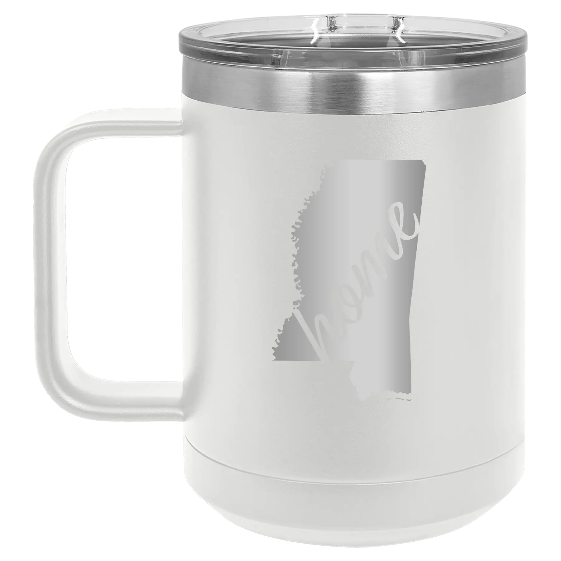Laser etched white 15 oz vacuum insulated coffee mug with 'Mississippi Home' design
