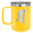 Laser etched yellow 15 oz vacuum insulated coffee mug with 'Mississippi Home' design