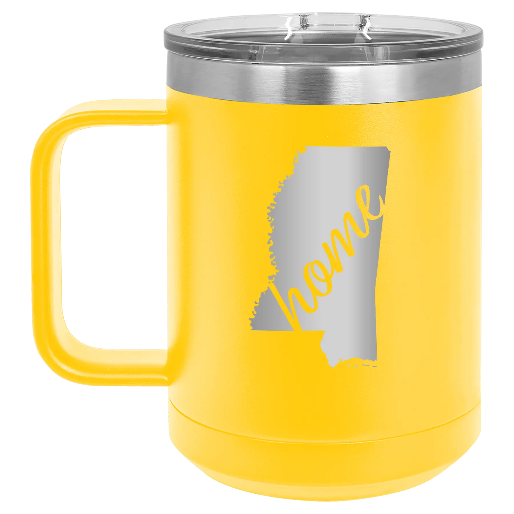Laser etched yellow 15 oz vacuum insulated coffee mug with 'Mississippi Home' design
