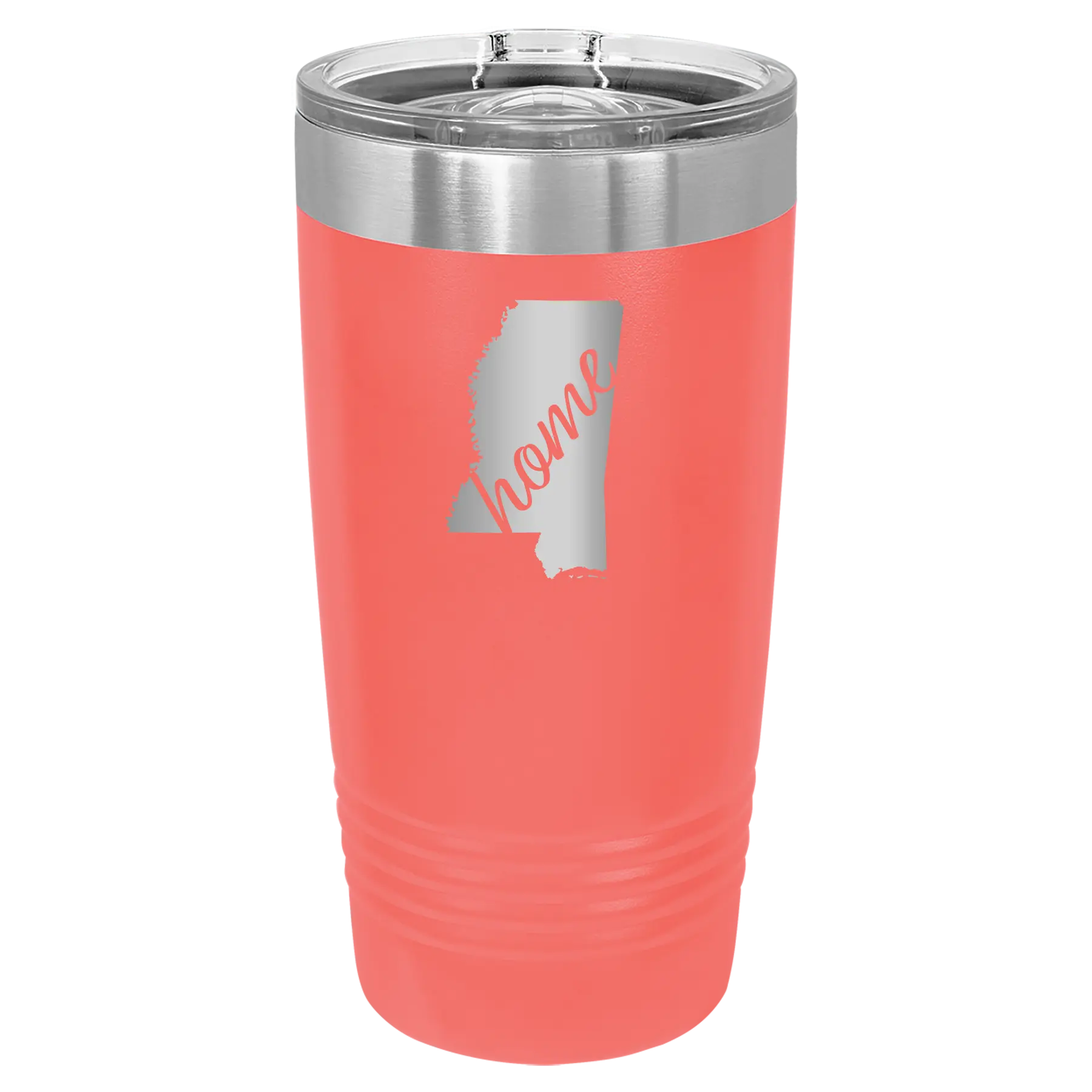 Laser etched coral 20 oz vacuum insulated tumbler with 'Mississippi Home' design