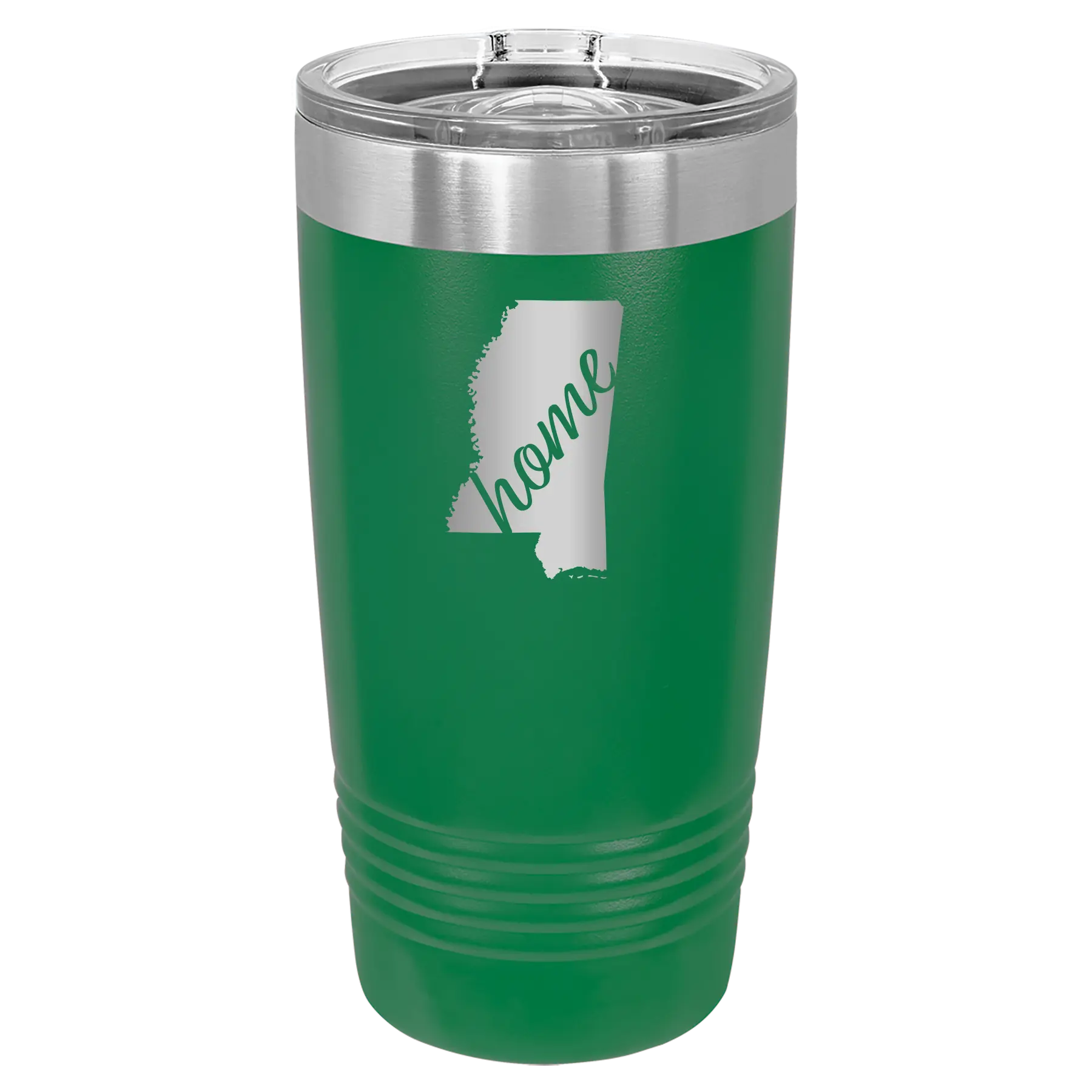 Laser etched green 20 oz vacuum insulated tumbler with 'Mississippi Home' design