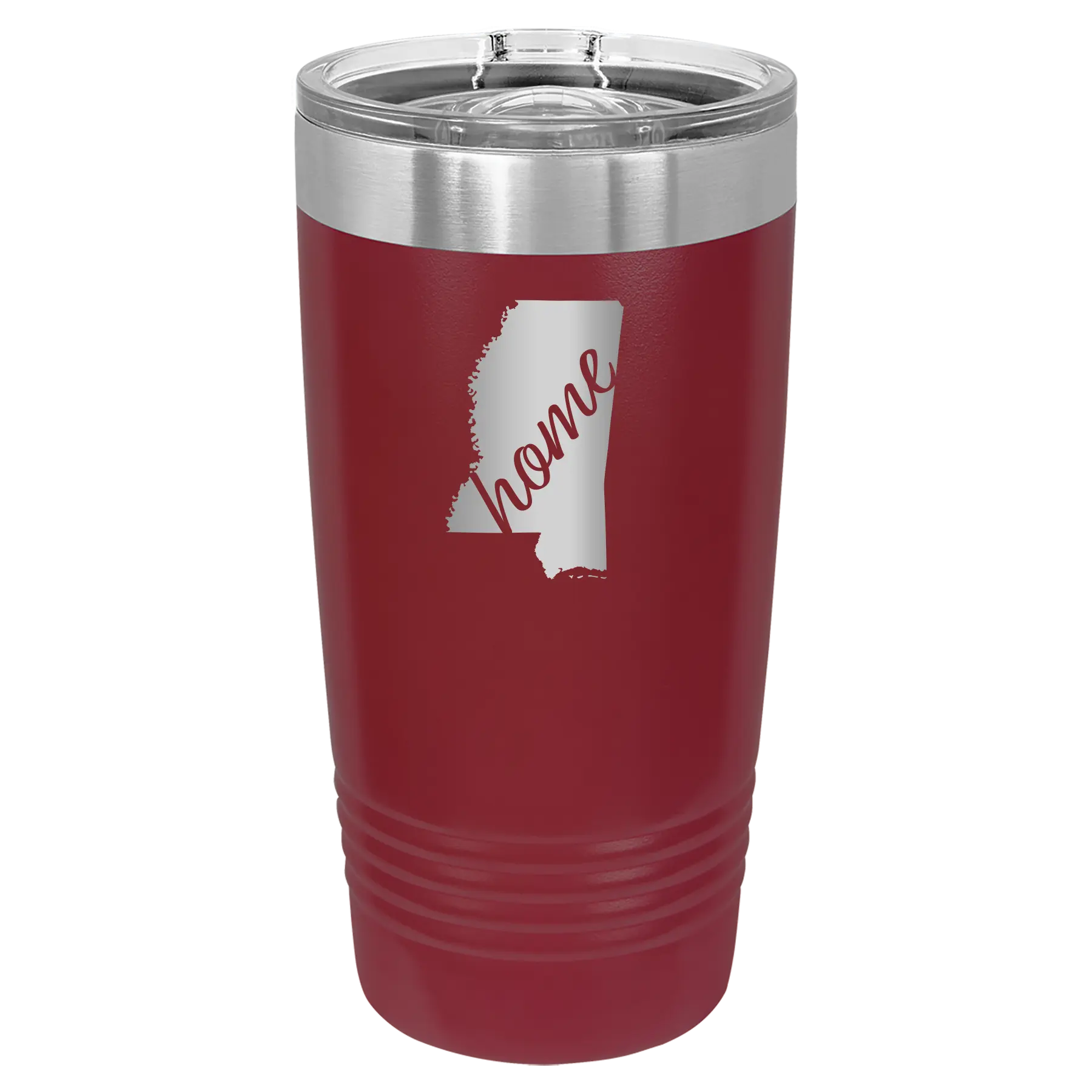 Laser etched maroon 20 oz vacuum insulated tumbler with 'Mississippi Home' design