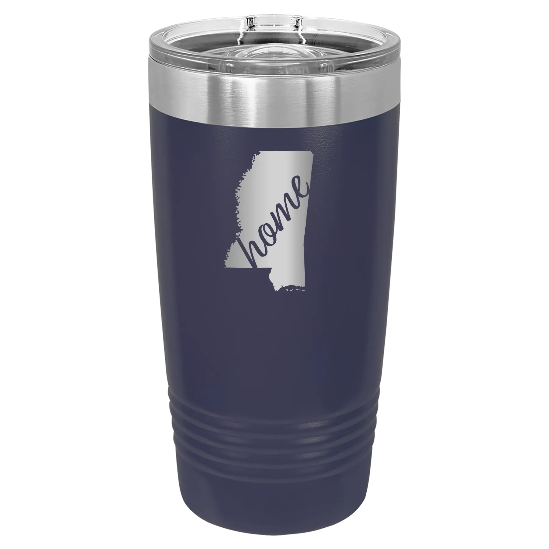 Laser etched navy 20 oz vacuum insulated tumbler with 'Mississippi Home' design