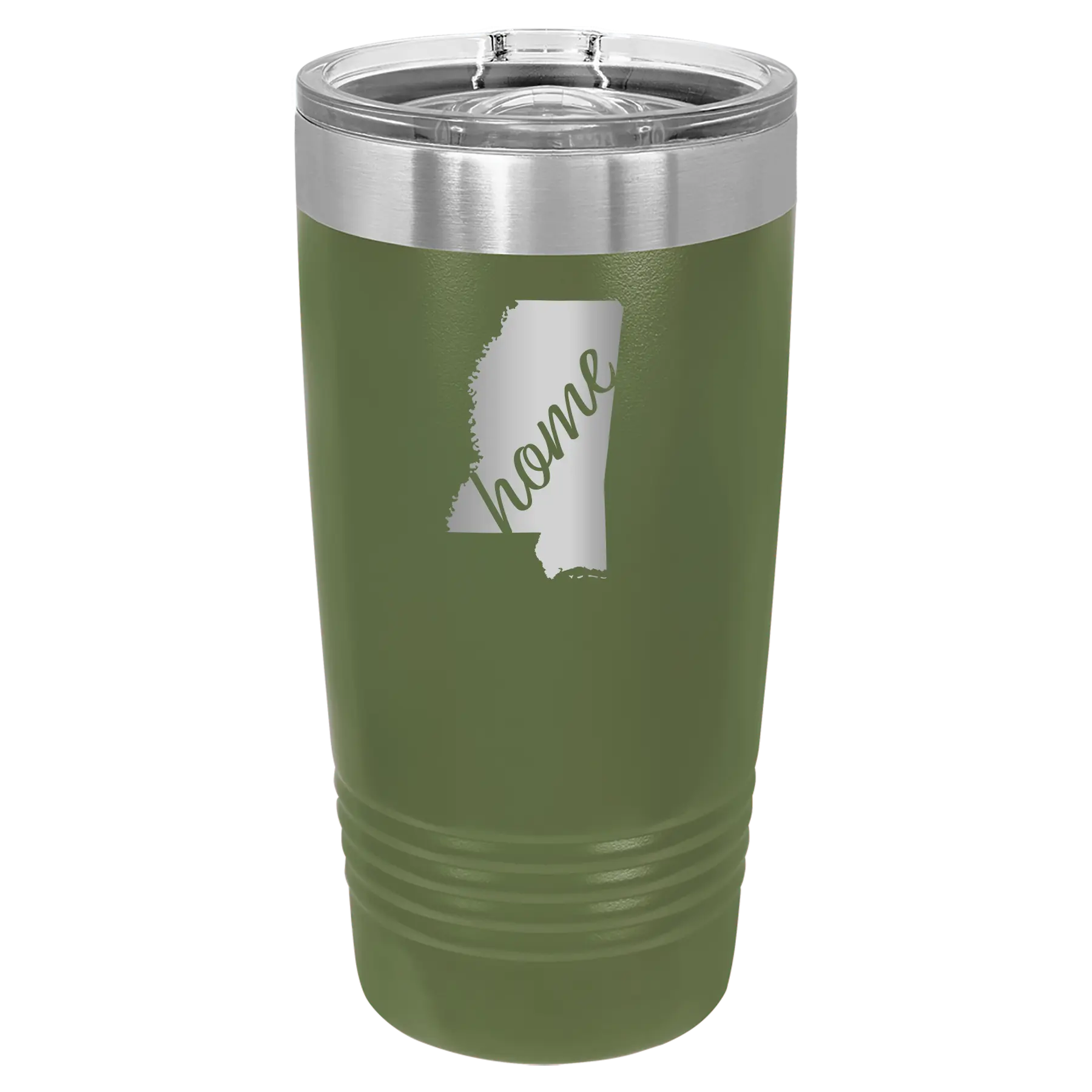 Laser etched olive green 20 oz vacuum insulated tumbler with 'Mississippi Home' design
