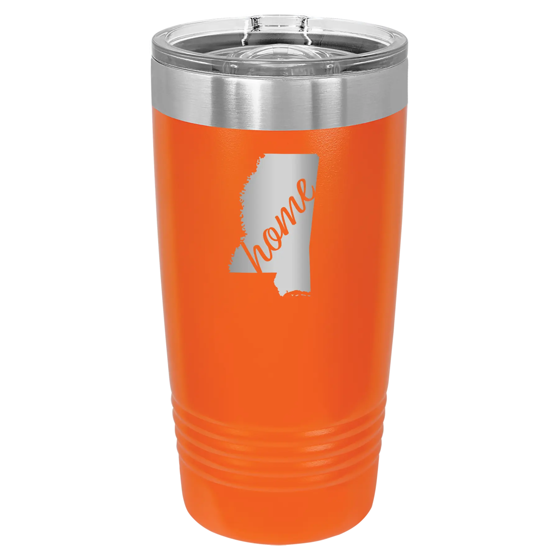 Laser etched orange 20 oz vacuum insulated tumbler with 'Mississippi Home' design