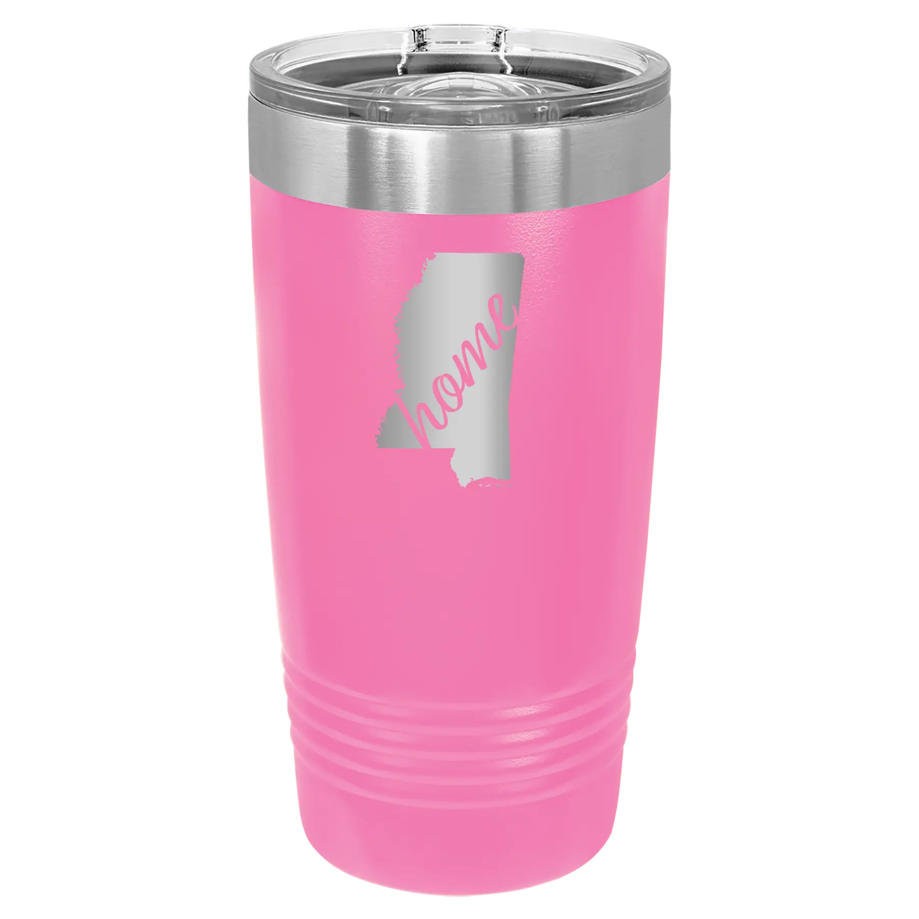 Laser etched pink 20 oz vacuum insulated tumbler with 'Mississippi Home' design
