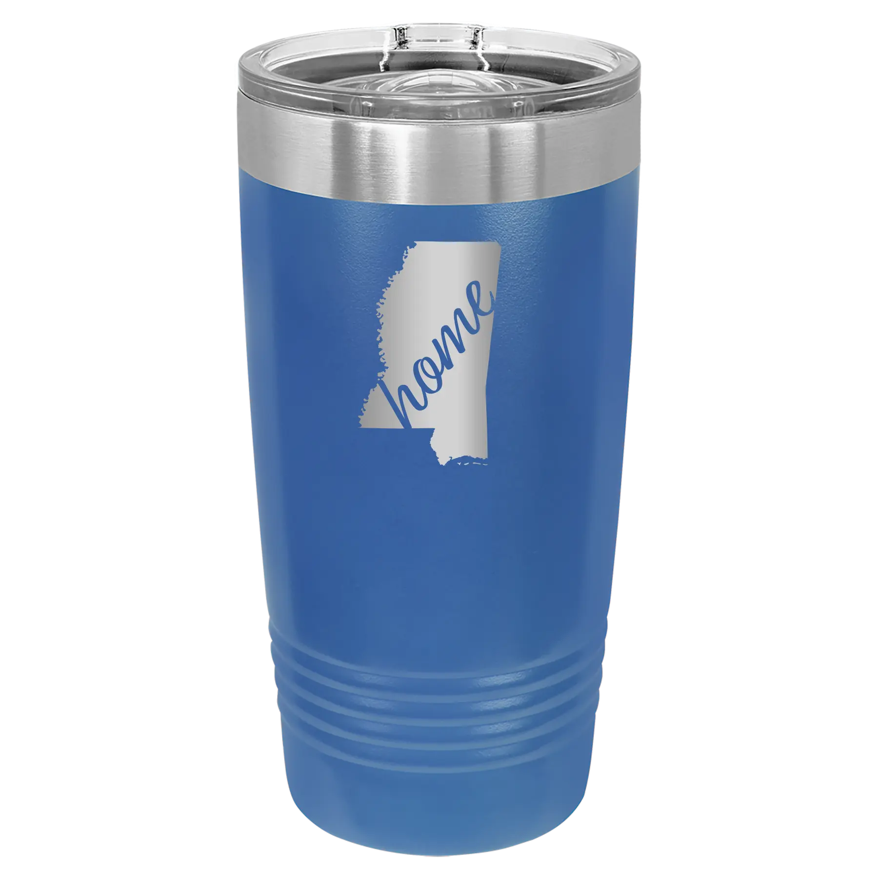 Laser etched royal blue 20 oz vacuum insulated tumbler with 'Mississippi Home' design