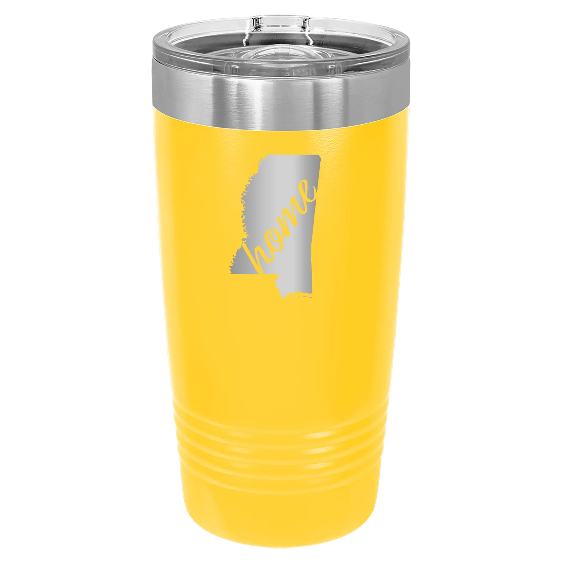 Laser etched yellow 20 oz vacuum insulated tumbler with 'Mississippi Home' design