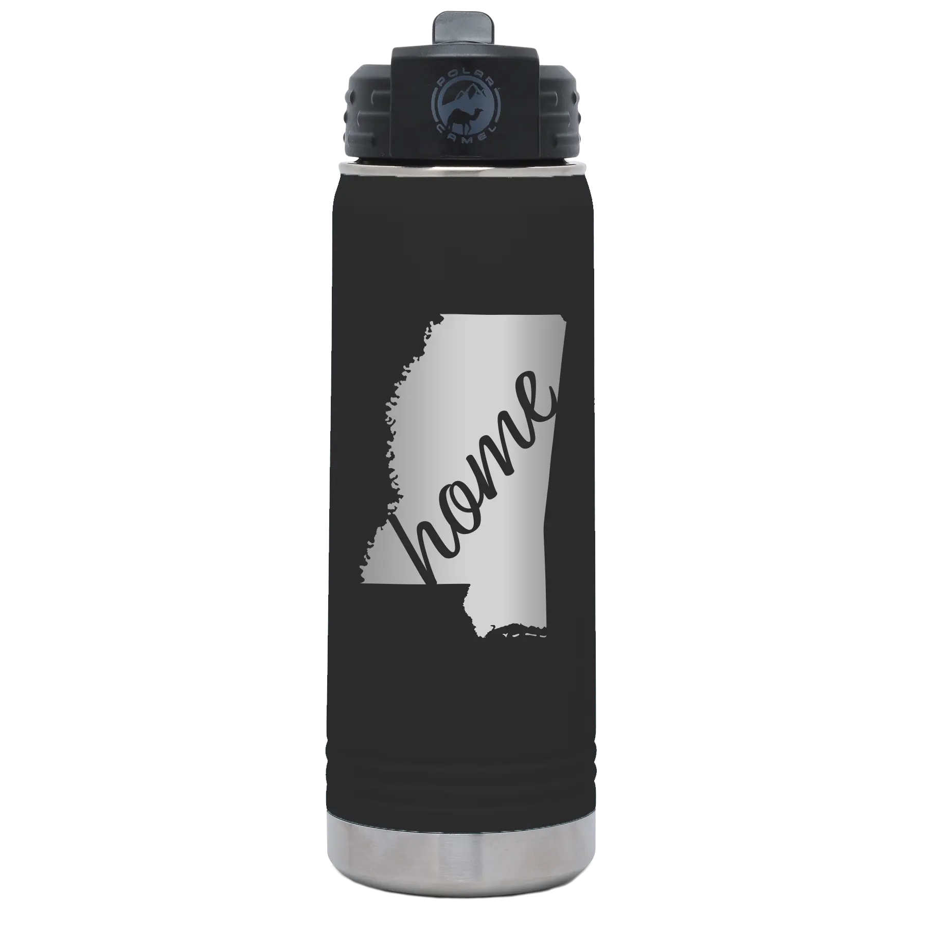 Laser etched black 20 oz vacuum insulated water bottle with 'Mississippi Home' design