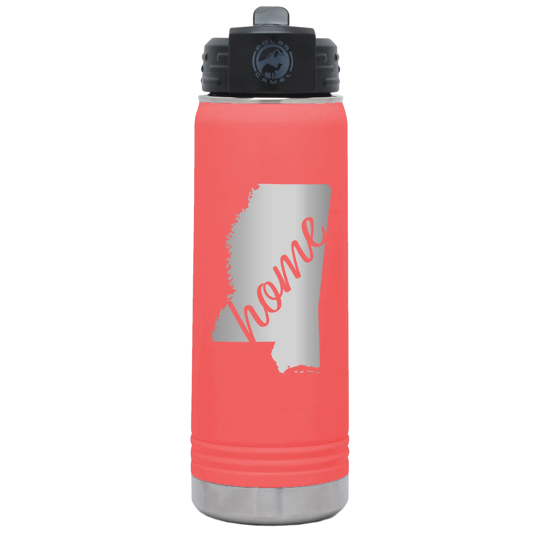 Laser etched coral 20 oz vacuum insulated water bottle with 'Mississippi Home' design