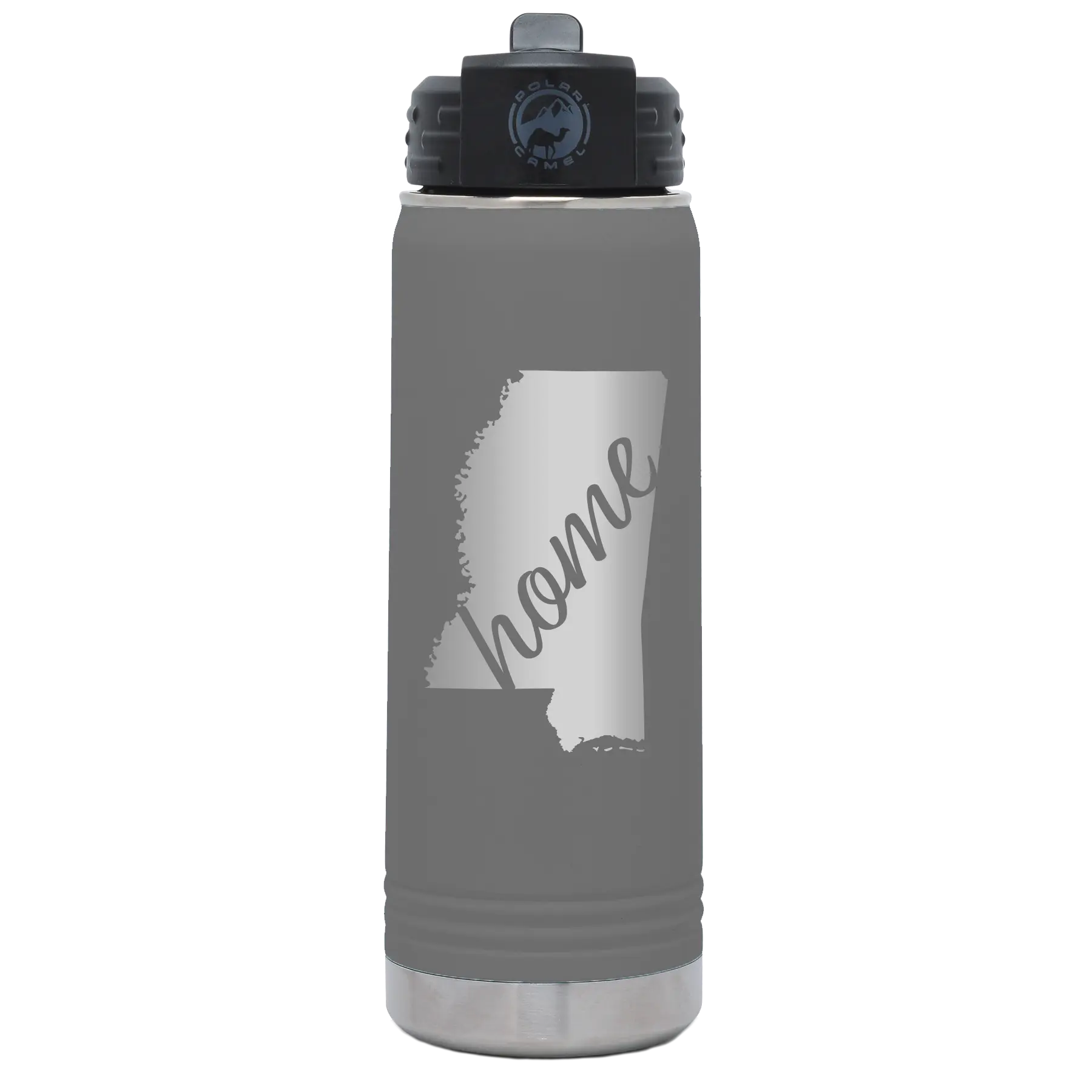 Laser etched dark gray 20 oz vacuum insulated water bottle with 'Mississippi Home' design