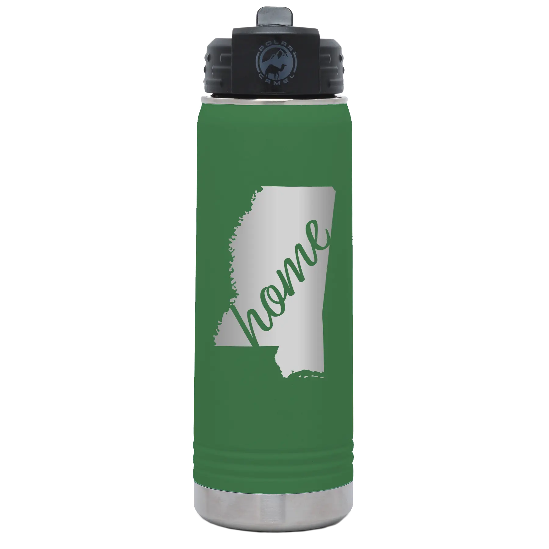 Laser etched green 20 oz vacuum insulated water bottle with 'Mississippi Home' design