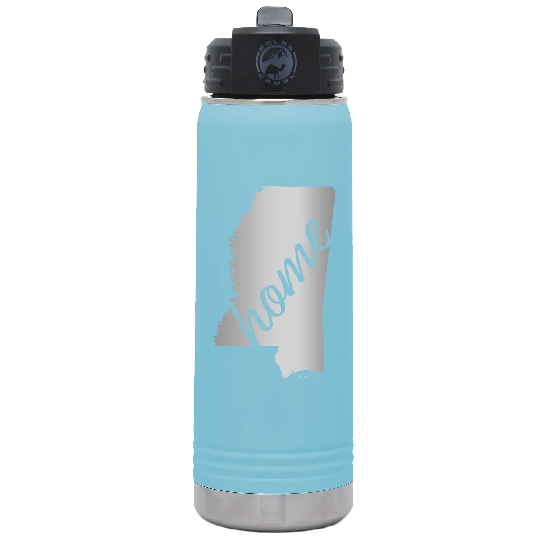 Laser etched light blue 20 oz vacuum insulated water bottle with 'Mississippi Home' design