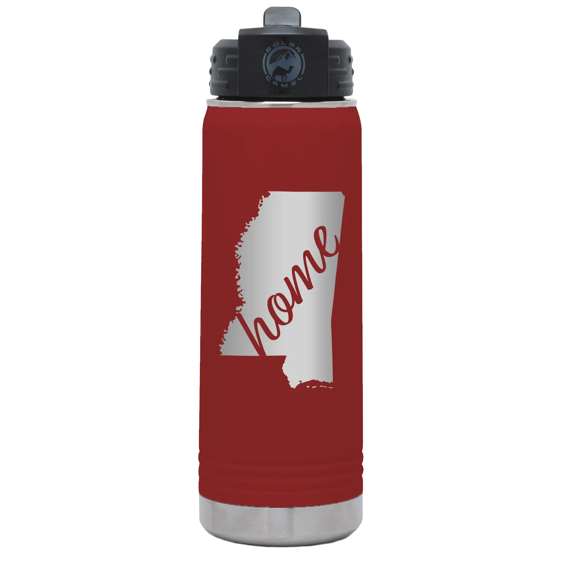 Laser etched maroon 20 oz vacuum insulated water bottle with 'Mississippi Home' design