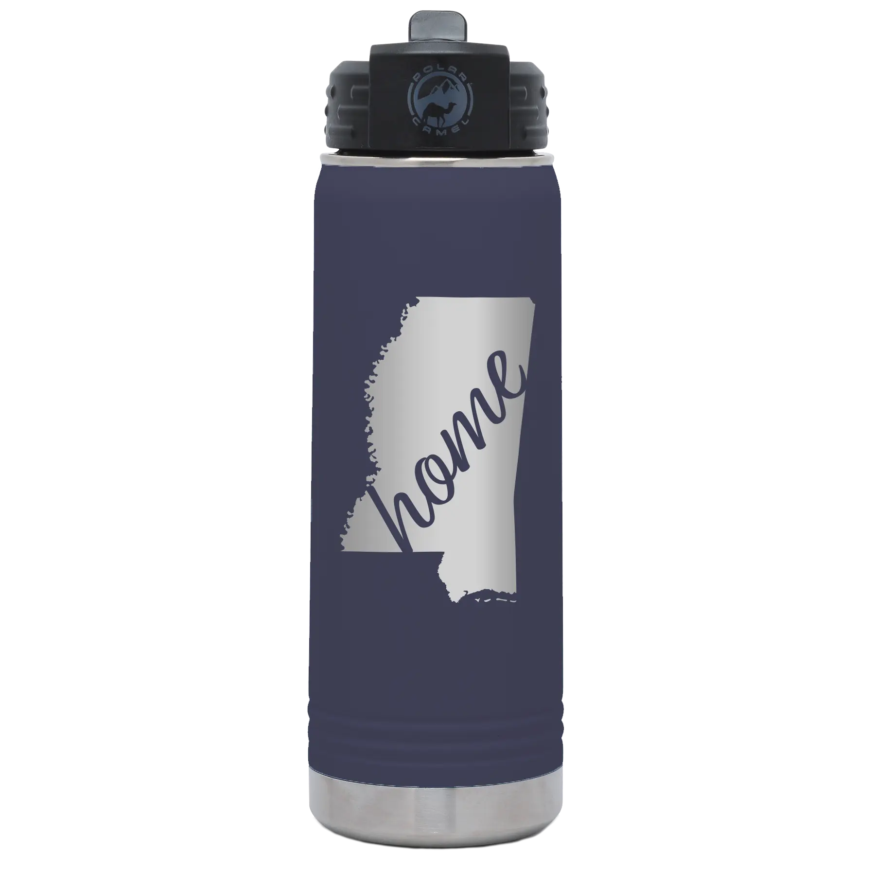 Laser etched navy 20 oz vacuum insulated water bottle with 'Mississippi Home' design
