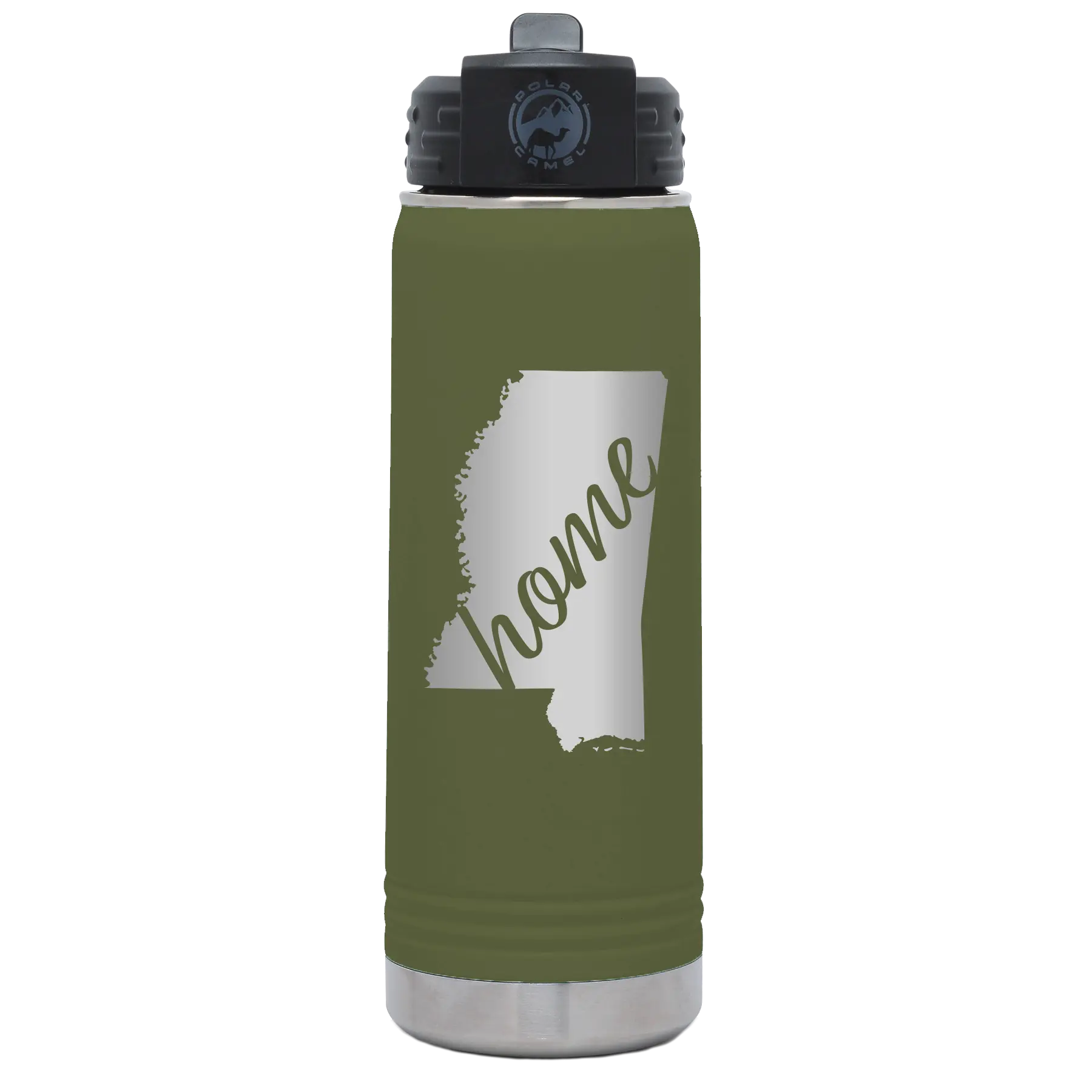 Laser etched olive green 20 oz vacuum insulated water bottle with 'Mississippi Home' design
