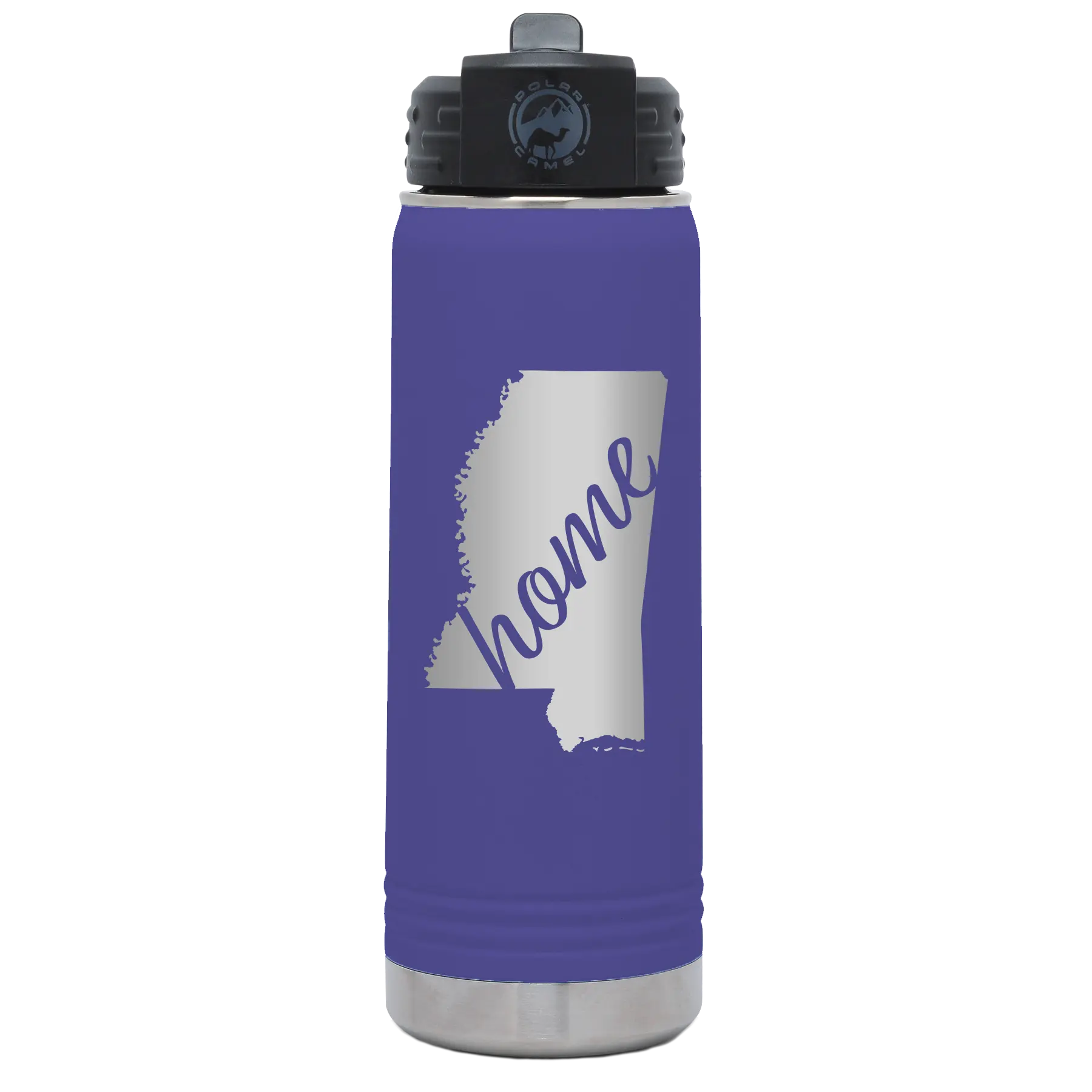 Laser etched purple 20 oz vacuum insulated water bottle with 'Mississippi Home' design