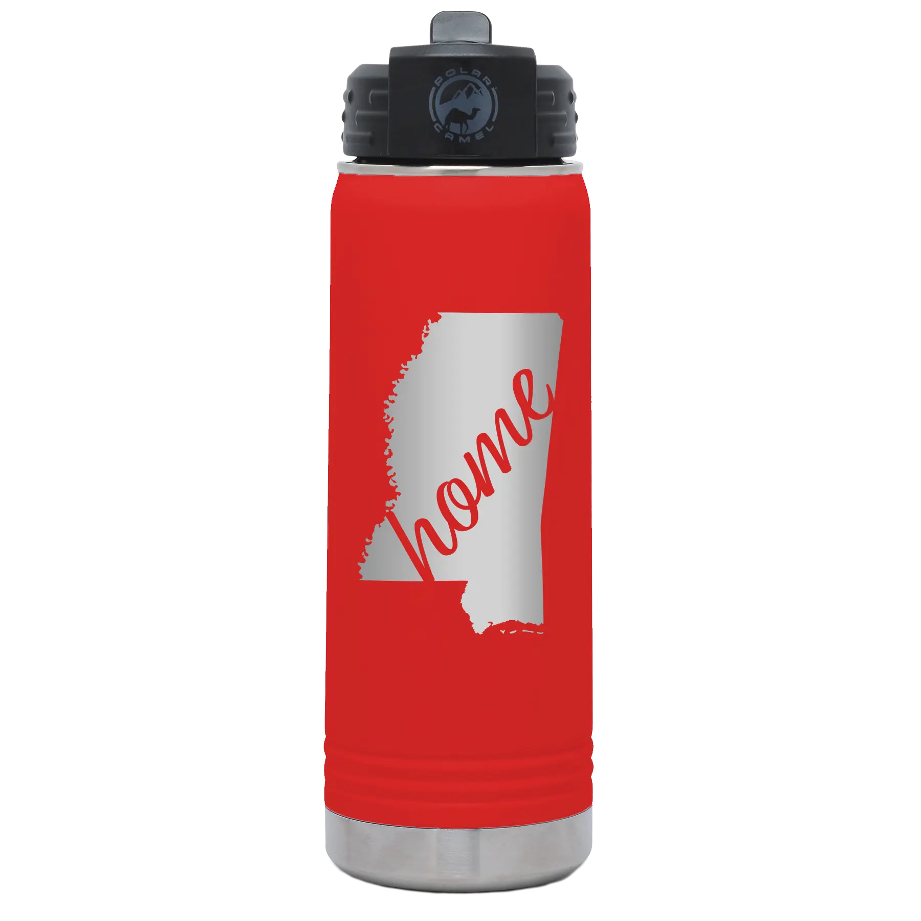 Laser etched red 20 oz vacuum insulated water bottle with 'Mississippi Home' design