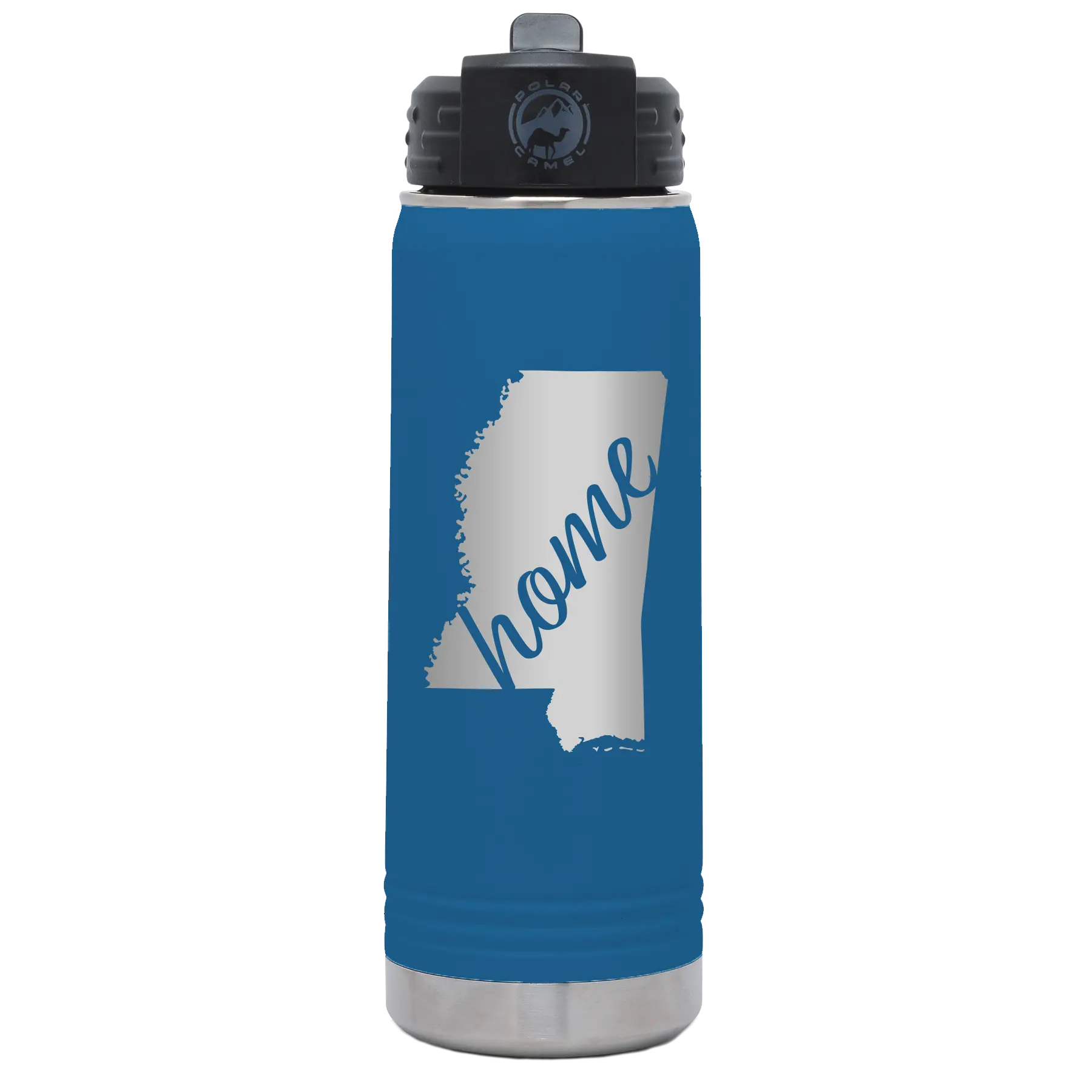 Laser etched royal blue 20 oz vacuum insulated water bottle with 'Mississippi Home' design