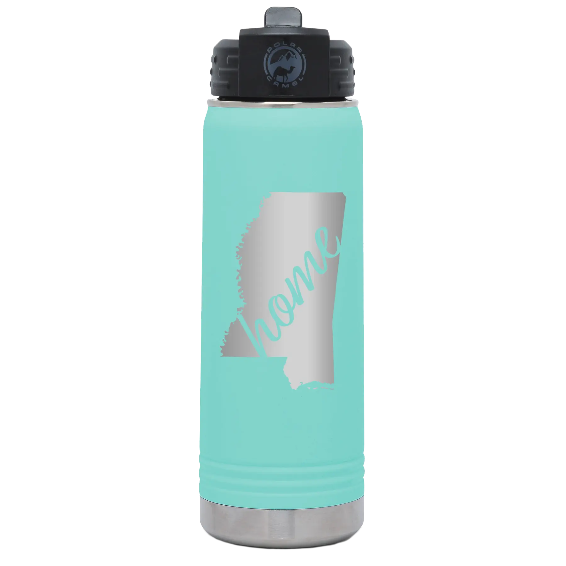 Laser etched teal 20 oz vacuum insulated water bottle with 'Mississippi Home' design