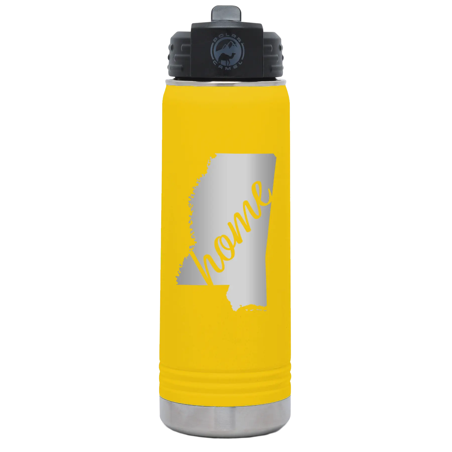 Laser etched yellow 20 oz vacuum insulated water bottle with 'Mississippi Home' design