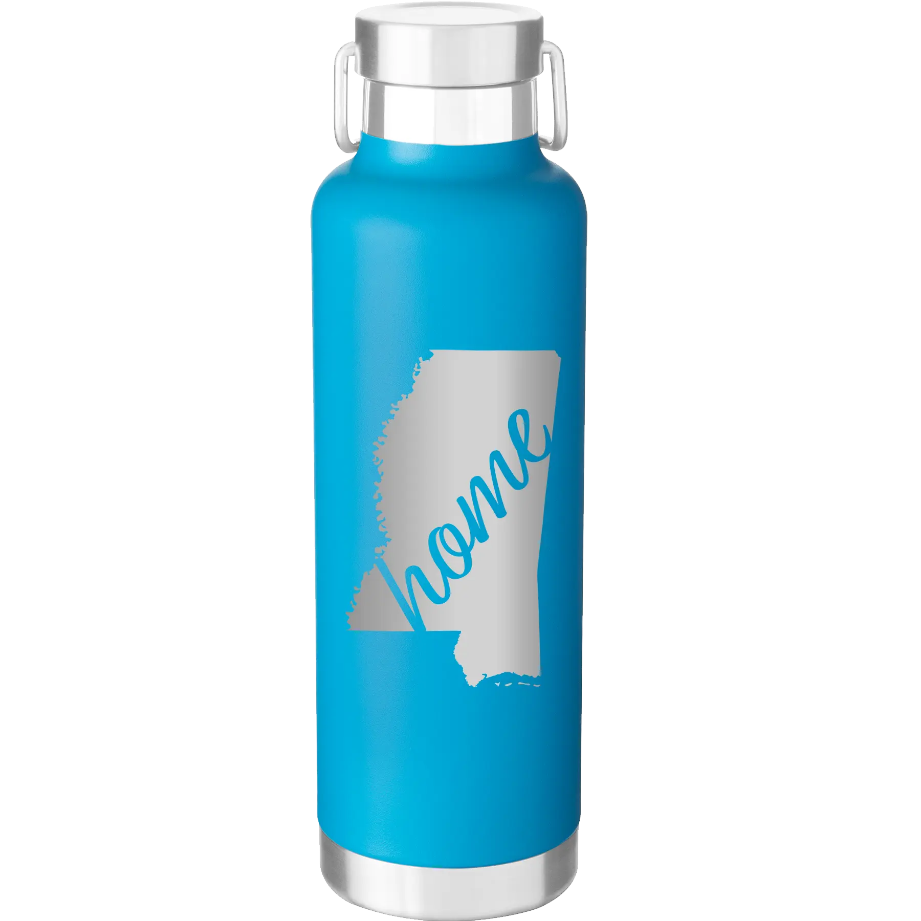 Laser etched aqua 24 oz vacuum insulated water bottle with 'Mississippi Home' design