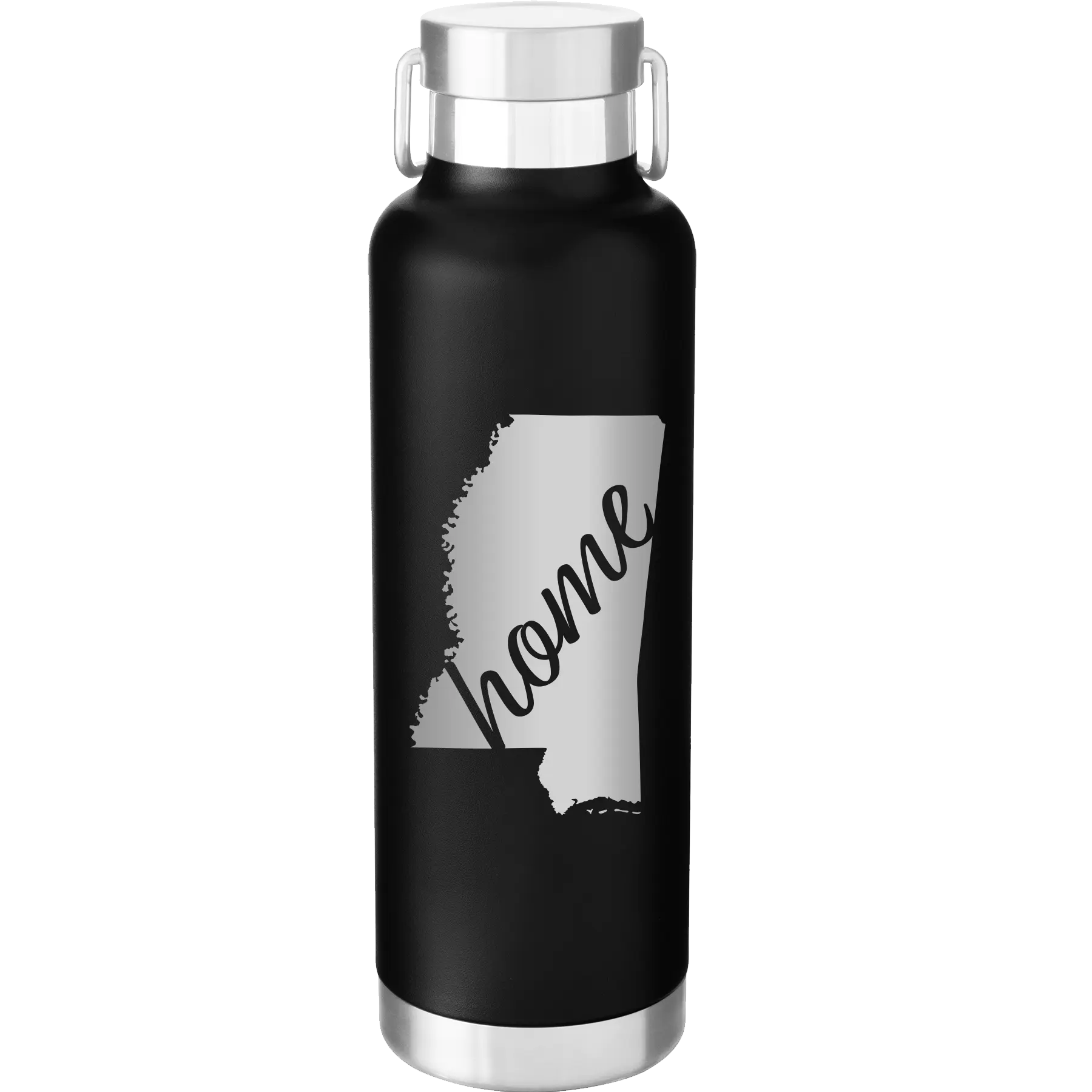 Laser etched black 24 oz vacuum insulated water bottle with 'Mississippi Home' design